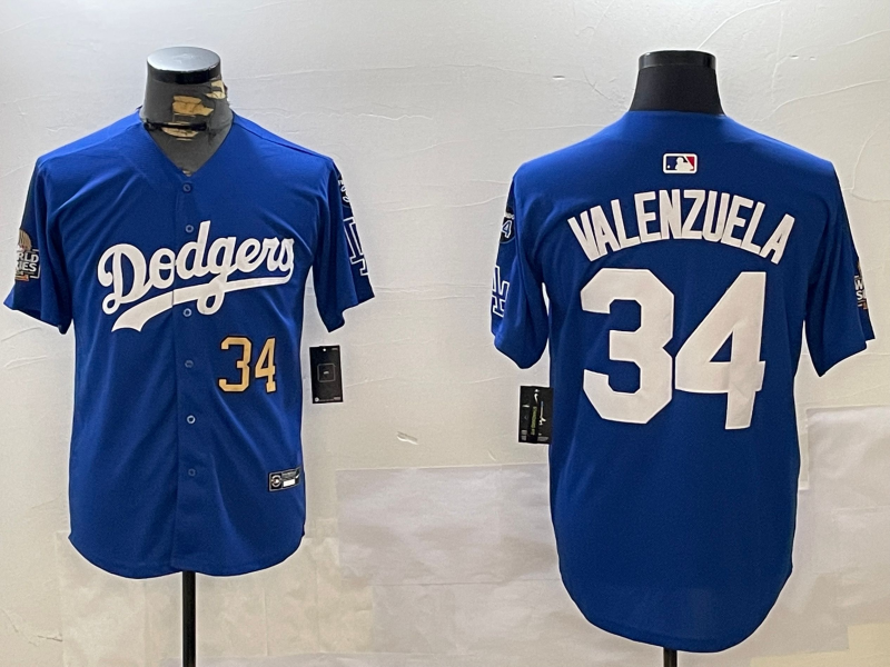 Men Los Angeles Dodgers 34 Valenzuela 2024 World series patch blue jersey 20241120124